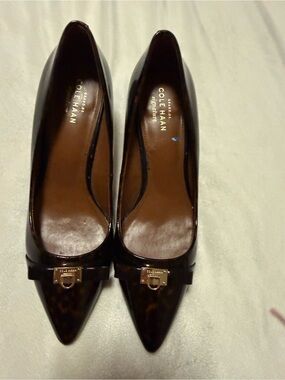 Patent Pointed-Toe Pumps in Dark Brown with Gold Accent
